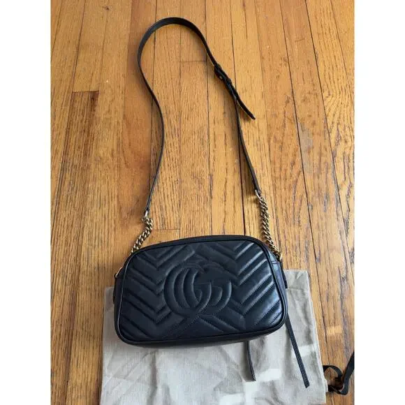 Gucci Crossbody Bag Womens Small Black Leather GG Marmont Camera Made In Italy - Picture 8 of 16